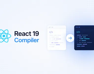A retro 1950s-style illustration in mid-century modern design featuring the words React Compiler with React icons, geometric shapes & flat colors.