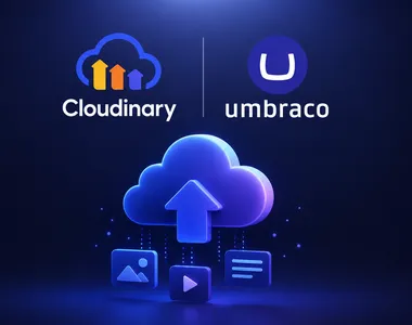 Cloudinary and Umbraco logos side by side on a dark background with a cloud upload illustration