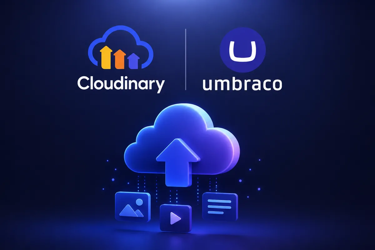 Cloudinary and Umbraco logos side by side on a dark background with a cloud upload illustration