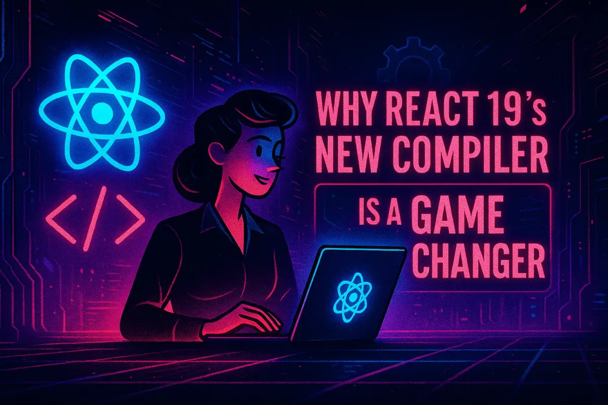 A retro 1950s-style illustration in mid-century modern design featuring the words React Compiler with React icons, geometric shapes & flat colors.